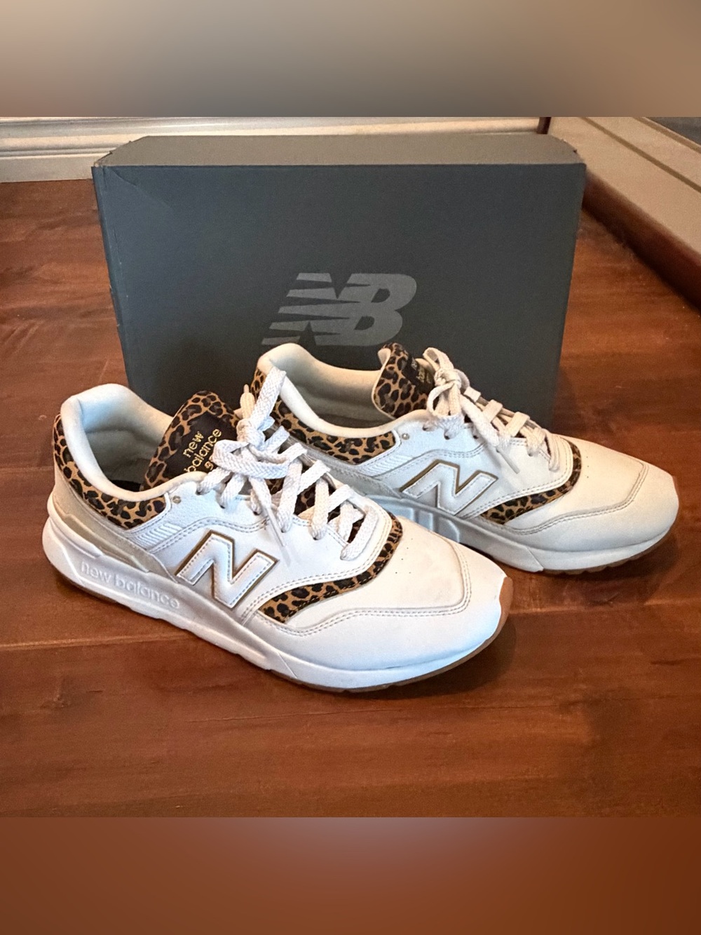 New Balance Womens White Sneakers with Leopard Trim